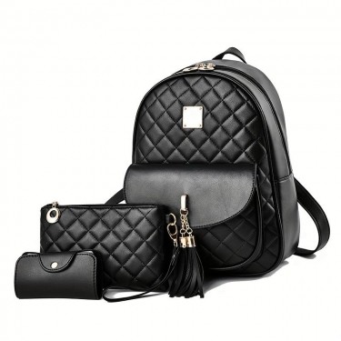 【AE78】3Pcs Argyle Quilted Backpack Set, Women's PU Leather School Bag With Clutch Purse & Card Holder