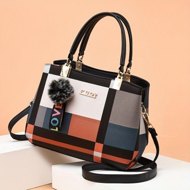 【AE79】Plaid Pattern Handbag with Pompom Decor Crossbody Bag, Women's Top Handle Purses For Work
