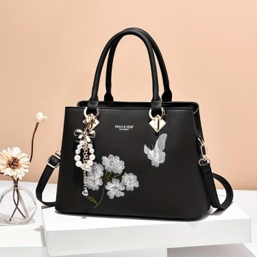 【AE52】Flower Embroidered Crossbody Bag, Top Handle Satchel Purse by Trendy PU