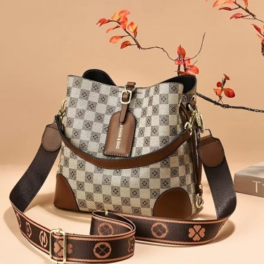 【AE175】Checkered Pattern Bucket Bag, Vintage Style Shoulder Bag, Trendy Crossbody Bag By ABC