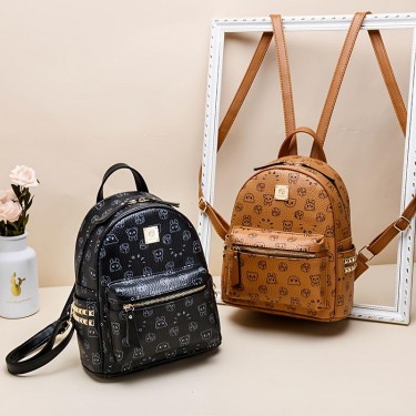【AE72】Small Bear Pattern Backpack, Rivet Decor Double Zipper Hand Schoolbag
