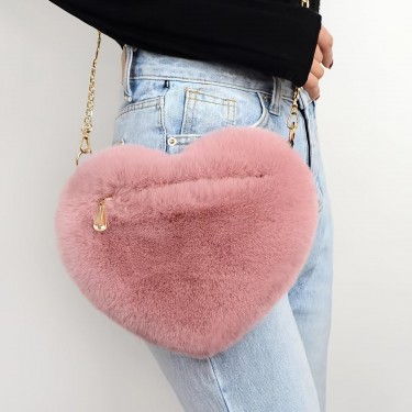 【AE159】Heart Shaped Fluffy Shoulder Bag by CuteZipper - Fashion Chain Crossbody Bag for Valentine's Day