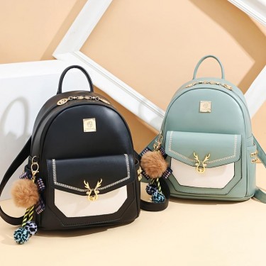 【AE75】Front Flap Pocket Backpack Purse with Fashion Fuzzy Ball Decor, Small Zipper Bag for Women