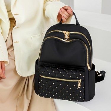 【AE204】Stylish Argyle Quilted Zipper Backpack Purse, Large Capacity Studded Decor Bookbag, Casual Laptop Bag