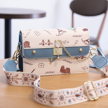 【AE16】Cartoon Painting Flap Square Bag, Chain Decor Shoulder Purse, Fashion Wide Strap Crossbody Bag