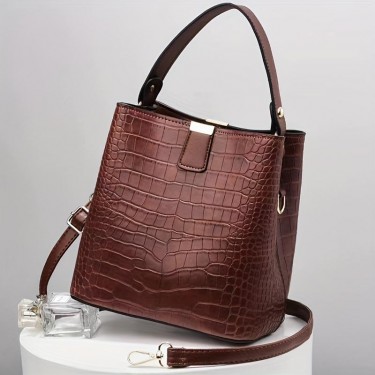 【AE49】Elegant Crocodile Embossed PU Leather Bucket Bag for Women, Prada Crossbody Handbag