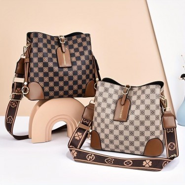 【AE118】Vintage Plaid Pattern Bucket Bag, Women's Shoulder Handbag by Fashion Crossbody Purse