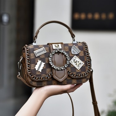 【AE21】Plaid Pattern Handbag With Metal Badge Vintage Chain Decor Shoulder Bag Women's Flap Purse