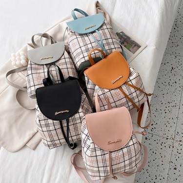 【AE200】Trendy Mini Plaid Backpack Women's Cute Faux Leather Bag with Letter Decor