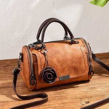 【AE23】Vintage Boston Handbag with Flower Pendant Zipper Purse, Large-capacity Trendy Satchel Bag