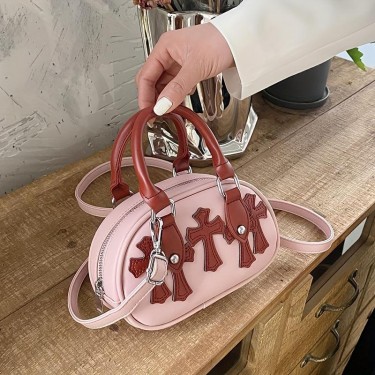 【AE28】Y2K Cross Patch Decor Handbag Gothic Bowling Crossbody Bag Studded Decor Purse For Girls Women